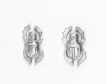 Sterling Silver Scarab Beetle Stud Earrings: Handmade Egyptian Revival Jewelry