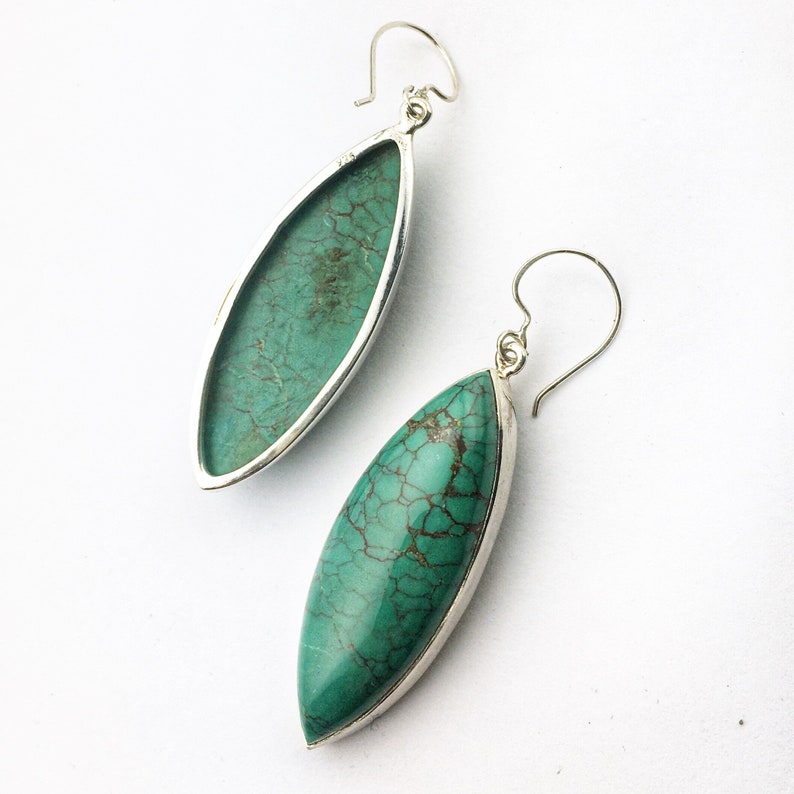 Turquoise Leaf Long Earrings in Sterling Silver | Etsy