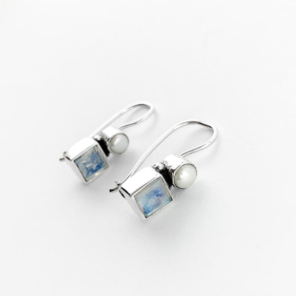 Minimalist Pearl and Blue Moonstone Earrings in Sterling Silver, Simple Pearl and Moonstone Earrings in Sterling Silver