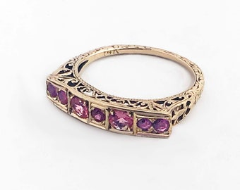 14k Gold Victorian Ruby and Rubellite Ring, Ruby Antique Filigree Ring in 14k Gold, Gold Ruby Ring, Gold Tourmaline Ring, Multi Stone Ring