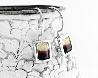 Sterling Silver Rainbow Fluorite Dangle Earrings: Purple Gold Banded Gemstone
