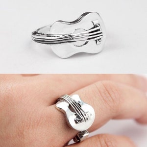 Adjustable Guitar Ring in Sterling Silver, Bass Guitar Sterling Silver Adjustable Ring, Silver Guitar Ring, Realistic Guitar Ring