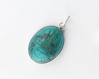Turquoise Scarab Pendant In Sterling Silver, Egyptian Scarab Necklace, Egyptian Revival Jewelry, Talisman Pendant, Scarab Beetle Charm