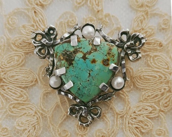 Victorian Turquoise Brooch: Sterling Silver Bow Pin with Seed Pearls