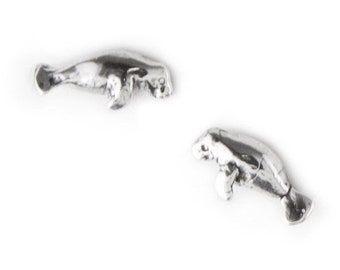 Manatee Small Post Earrings Pair in Sterling Silver, Manatee Post Earrings in Sterling Silver, Endangered Animal Jewelry