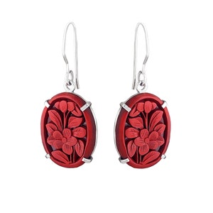 Antique Cinnabar Earrings, Genuine Cinnabar Flower Sterling Silver Earrings, Carved Flower Earrings, Red Cinnabar