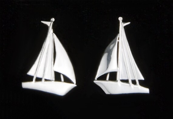 Sterling Silver Sloop Sailboat Stud Earrings: Han… - image 2
