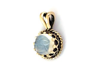 Antique Carved Ceylon Blue Moonstone Moon Face Gold Charm, 14k Gold Pendant