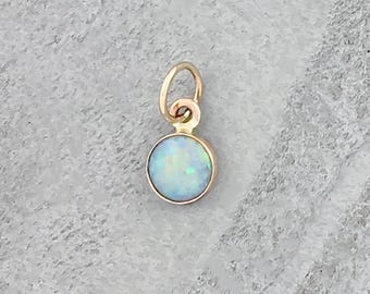 Little Natural Australian Opal Charm in 14k Gold, White or Black Opal, Small Round Opal Gold Charm, Genuine Opal Gold Pendant