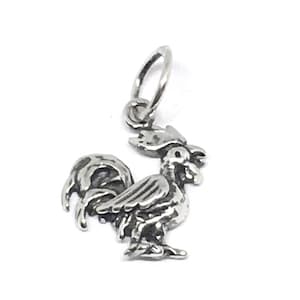 Sterling Silver Rooster Charm: Detailed Antique Patina Pendant