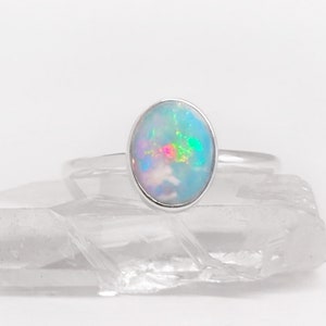 Large Australian Opal Ring in Sterling Silver, Simple Round Oval Opal Ring, Sterling Silver Opal Ring, Ethically Mined Opal, Custom Opal image 1