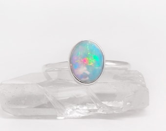 Large Australian Opal Ring in Sterling Silver, Simple Round Oval Opal Ring, Sterling Silver Opal Ring, Ethically Mined Opal, Custom Opal