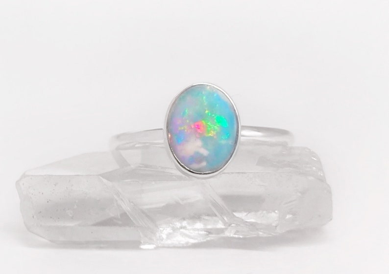 Large Australian Opal Ring in Sterling Silver, Simple Round Oval Opal Ring, Sterling Silver Opal Ring, Ethically Mined Opal, Custom Opal image 1