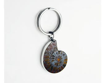 Fossil Ammonite Sterling Silver Key Ring: Natural Gemstone Keychain