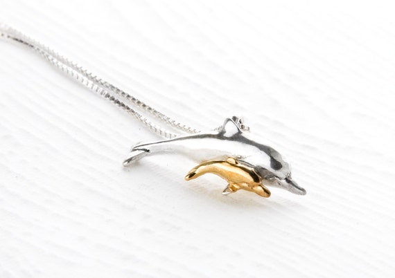 Mother and Baby Dolphin Pendant Sterling Silver a… - image 1