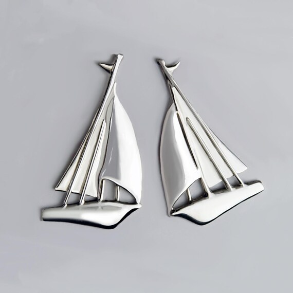 Sterling Silver Sloop Sailboat Stud Earrings: Han… - image 1