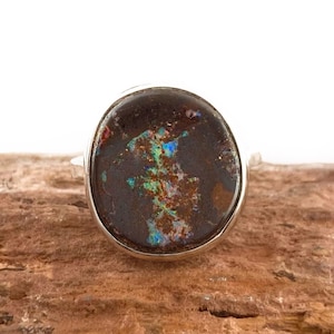 Australian Boulder Opal Ring in Sterling Silver, One of a Kind Opal Ring, Large Boulder Opal Ring, Opal Silver Ring, Ring Size 8.5