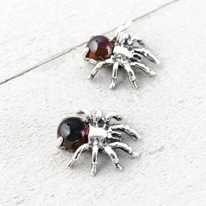 Red Garnet Spider Earrings, Small Sterling Silver Stud Earrings, Spider Post Earrings, Small Spider Stud Earrings