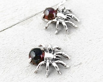 Spider Earrings: Red Garnet or Black Onyx, Sterling Silver Studs, Handmade