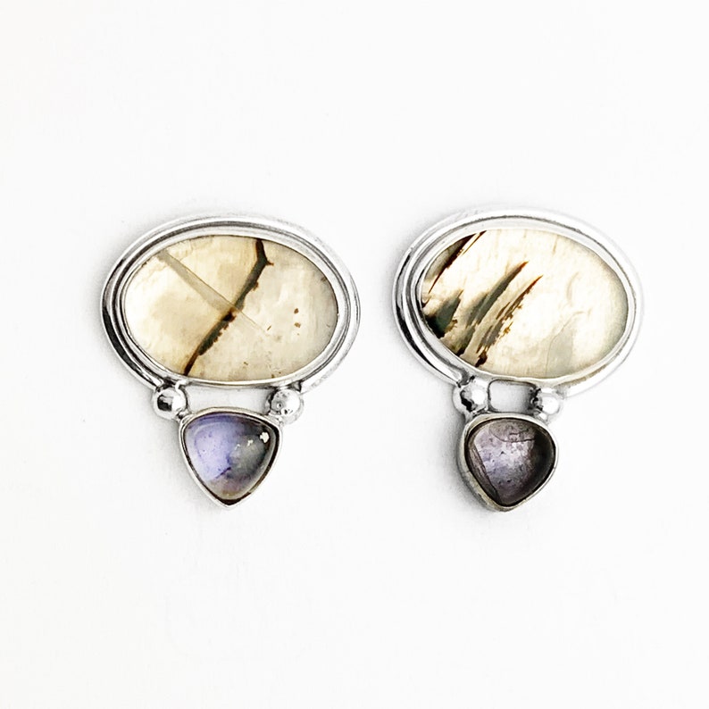 Vintage Mod Montana Agate and Iolite Stud Earrings in Sterling Silver, Art Deco Mod Montana Agate and Iolite Gemstone Stud Post Earrings image 3