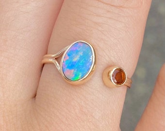 Australian Opal Ring in 14k Gold Filled with Spessartine Garnet, Adjustable Ring, Opal and Garnet Ring, Custom Opal Ring, Natural Opal Ring