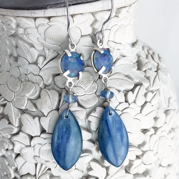 Blue Opal and Kyanite Earrings Sterling Silver Opal Earrings