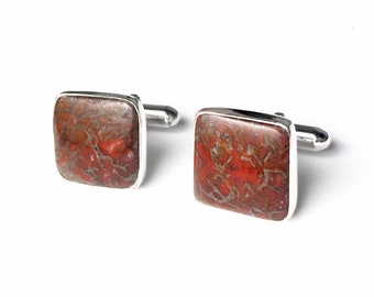 Fossilized Dinosaur Bone Cufflinks in Sterling Silver, Red Agatized Dinosaur Bone Cufflinks, Dinosaur Cufflinks, Paleontology Cufflinks