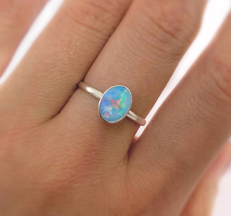 Large Australian Opal Ring in Sterling Silver, Simple Round Oval Opal Ring, Sterling Silver Opal Ring, Ethically Mined Opal, Custom Opal image 4