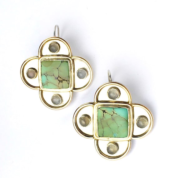 14k Gold Clover Earrings: Turquoise & Spectrolite, Sterling Silver Dangles