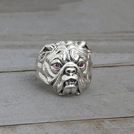 Bulldog Sterling Silver Ring With or Without Gemstone Eyes, Ruby