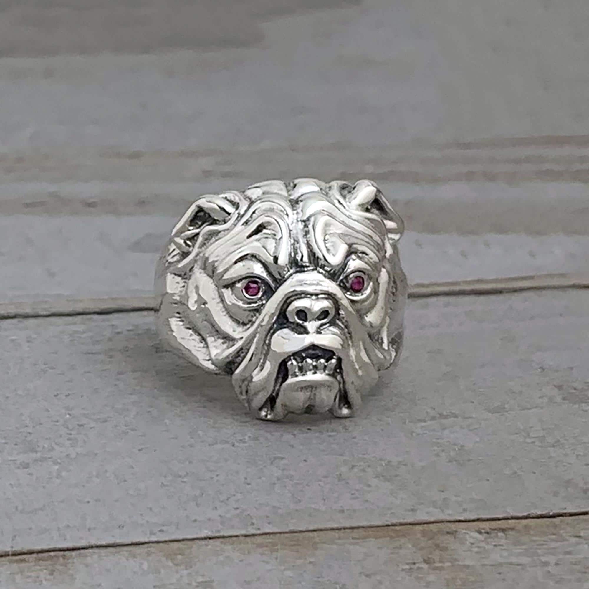 Bulldog Sterling Silver Ring With or Without Gemstone Eyes, Ruby