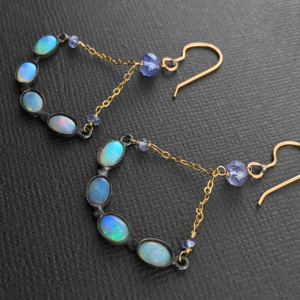 Black Opal Earrings in 14k Gold Filled and Sterling Silver, Swinging Opal Bar Earrings, Opal and Tanzanite Earrings, Genuine Opal Earrings