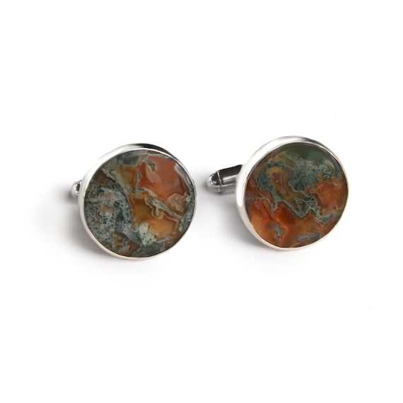 Red Moss Agate Cufflinks in Sterling Silver, Moss Agate Round Cufflinks, Round Agate Silver Cufflinks, Gemstone Cufflinks