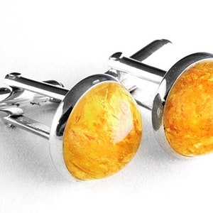 Natural Baltic Amber Cufflinks in Sterling Silver, Round Amber Cuff Links in Sterling Silver, Baltic Amber Cufflinks in Sterling Silver
