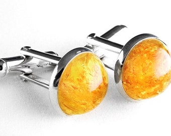 Natural Baltic Amber Cufflinks in Sterling Silver, Round Amber Cuff Links in Sterling Silver, Baltic Amber Cufflinks in Sterling Silver