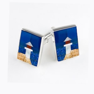 Lighthouse Sterling Silver Cufflinks: Gemstone Mosaic Inlay