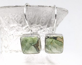 Green Rhyolite Earrings in Sterling Silver, Square Rhyolite Dangle Earrings, Jungle Jasper Earrings, Rainforest Jasper Earrings