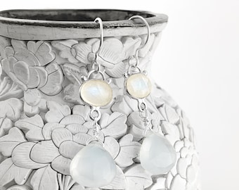 Sterling Silver Dangle Earrings: Rainbow Moonstone & Blue Chalcedony