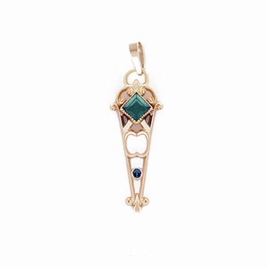 Victorian 10K Gold Pendant: Green Tourmaline & Sapphire Antique Charm image 1