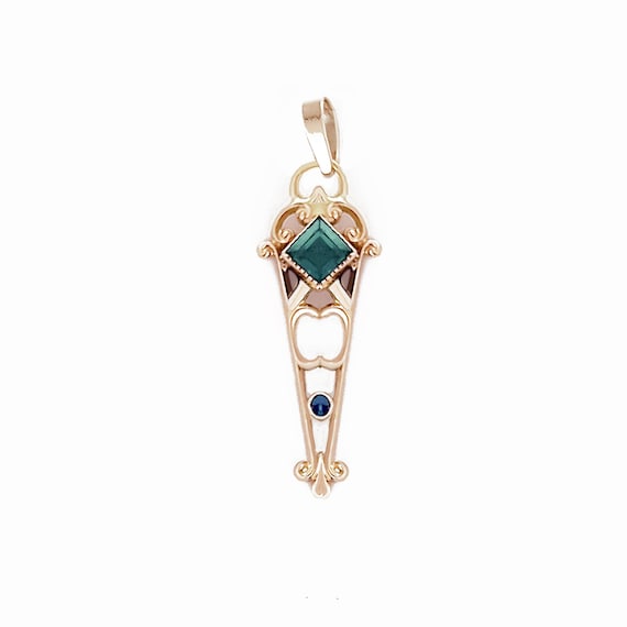 Victorian 10K Gold Pendant: Green Tourmaline & Sapphire Antique Charm