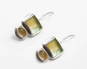 Vintage Sterling Silver Fluorite Citrine Earrings: Banded Green & Gold