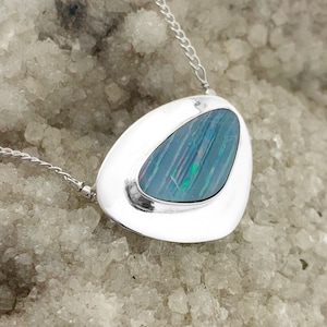 Large Australian Opal Necklace in Sterling Silver, Framed Opal Silver Necklace, Natural Opal Pendant, Blue Opal Necklace, One of a Kind