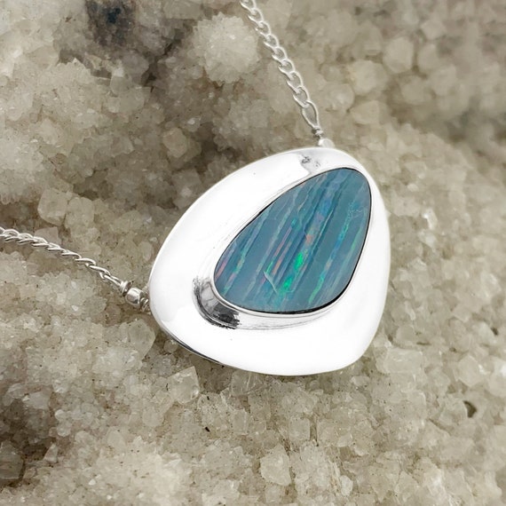 Large Australian Opal Necklace in Sterling Silver Framed Opal