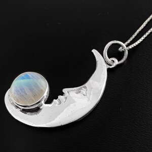 Crescent Moon Face Necklace with Moonstone and Sterling, Glowing Moon Pendant or Necklace, High Quality Rainbow Moonstone Necklace / Pendant image 2