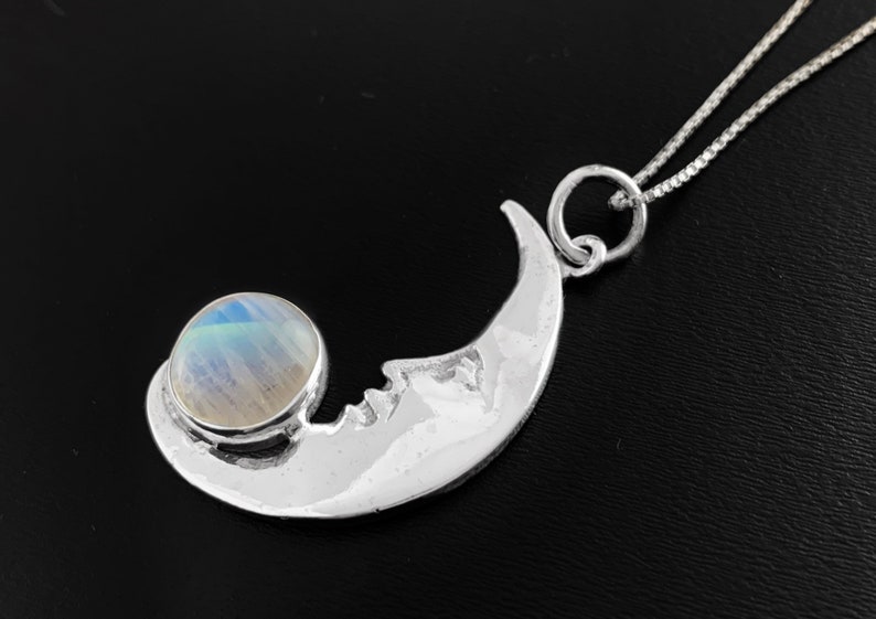 Crescent Moon Face Necklace with Moonstone and Sterling, Glowing Moon Pendant or Necklace, High Quality Rainbow Moonstone Necklace / Pendant image 2