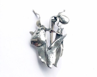 Lady's Slipper Orchid Sterling Silver Brooch