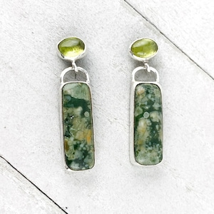 Rhyolite and Peridot Sterling Silver Post Earrings, Jungle Jasper and Peridot Dangle Post Earrings in Sterling Silver, Vintage Mod Gemstone