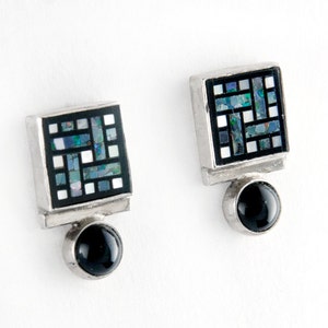 Sterling Silver Opal Mosaic Earrings: Onyx & Mother of Pearl Studs