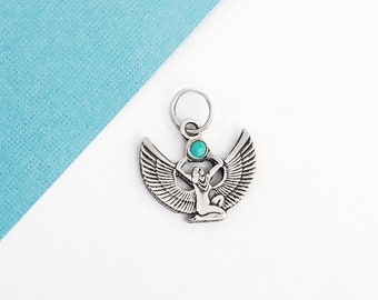 Egyptian Goddess Turquoise Pendant In Sterling Silver, Winged God Charm, Goddess Isis Pendant, Egyptian Revival, Art Deco, Goddess Charm