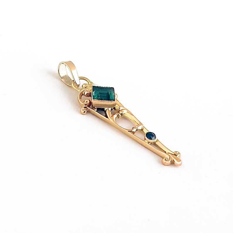 Victorian 10K Gold Pendant: Green Tourmaline & Sapphire Antique Charm image 9